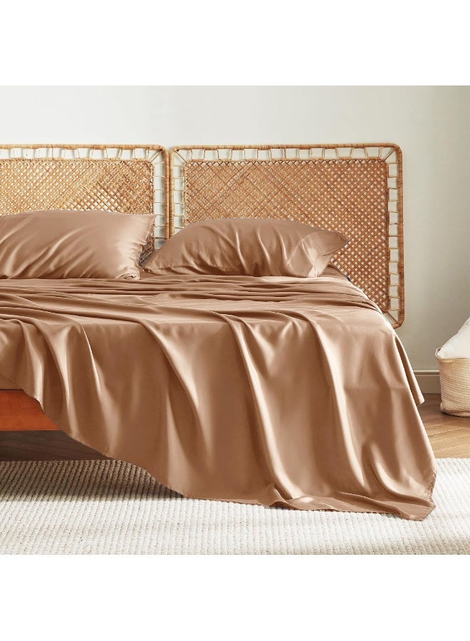 Bedsure Bedsure Queen Sheet Set, Cooling Sheets for Queen Size Bed Set, Rayon Derived from Bamboo, Breathable & Soft Deep Pocket Up to 16 Inches, Hotel Luxury Silky Bedding, Bedsheet & Pillowcases, Taupe  - Image 1