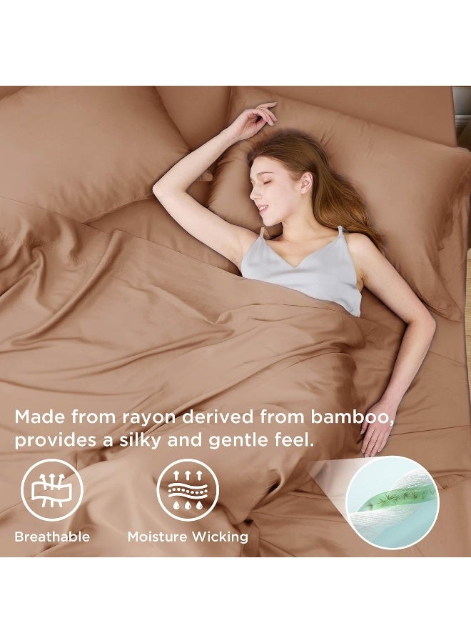 Bedsure Bedsure Queen Sheet Set, Cooling Sheets for Queen Size Bed Set, Rayon Derived from Bamboo, Breathable & Soft Deep Pocket Up to 16 Inches, Hotel Luxury Silky Bedding, Bedsheet & Pillowcases, Taupe  - Image 3
