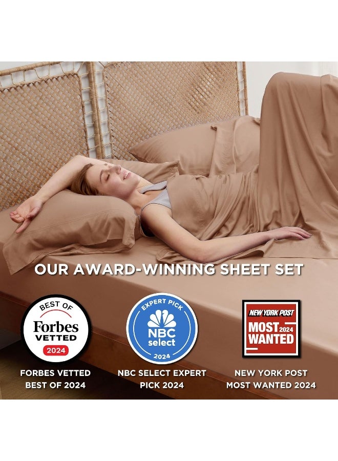 Bedsure Bedsure Queen Sheet Set, Cooling Sheets for Queen Size Bed Set, Rayon Derived from Bamboo, Breathable & Soft Deep Pocket Up to 16 Inches, Hotel Luxury Silky Bedding, Bedsheet & Pillowcases, Taupe  - Image 2