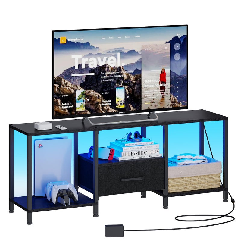 JARHETUN TV Stand with LED Lights, Entertainment Center with Open Shelves and Fabric Drawer, Media Console for 55 Inch TV, Television Stands for Living Room, Bedroom, Black - Image 1