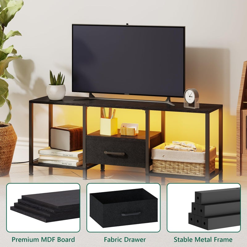 JARHETUN TV Stand with LED Lights, Entertainment Center with Open Shelves and Fabric Drawer, Media Console for 55 Inch TV, Television Stands for Living Room, Bedroom, Black - Image 5