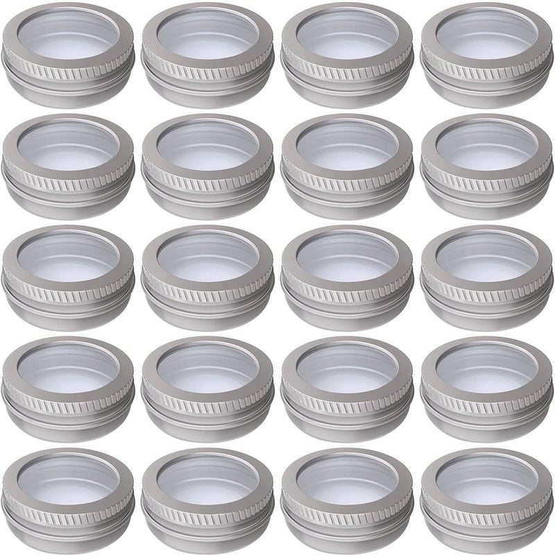 Hulless 0.5 Ounce Aluminum Tin Jar 15 ml Refillable Containers Clear Top Screw Lid Round Tin Container Bottle 20 Pcs for Cosmetic,Lip Balm, Cream