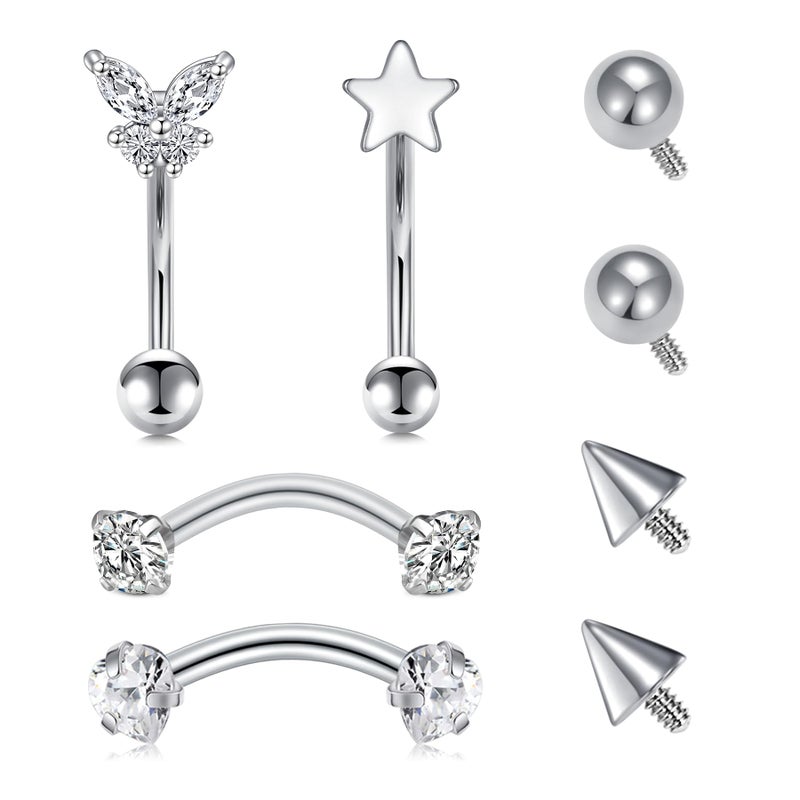 Longita Internally Threaded Rook Piercing Jewelry, Eyebrow Rings, Vertical Labret Lip Jewelry, 16g Curved Barbell, 8mm 10mm Silver - Image 1