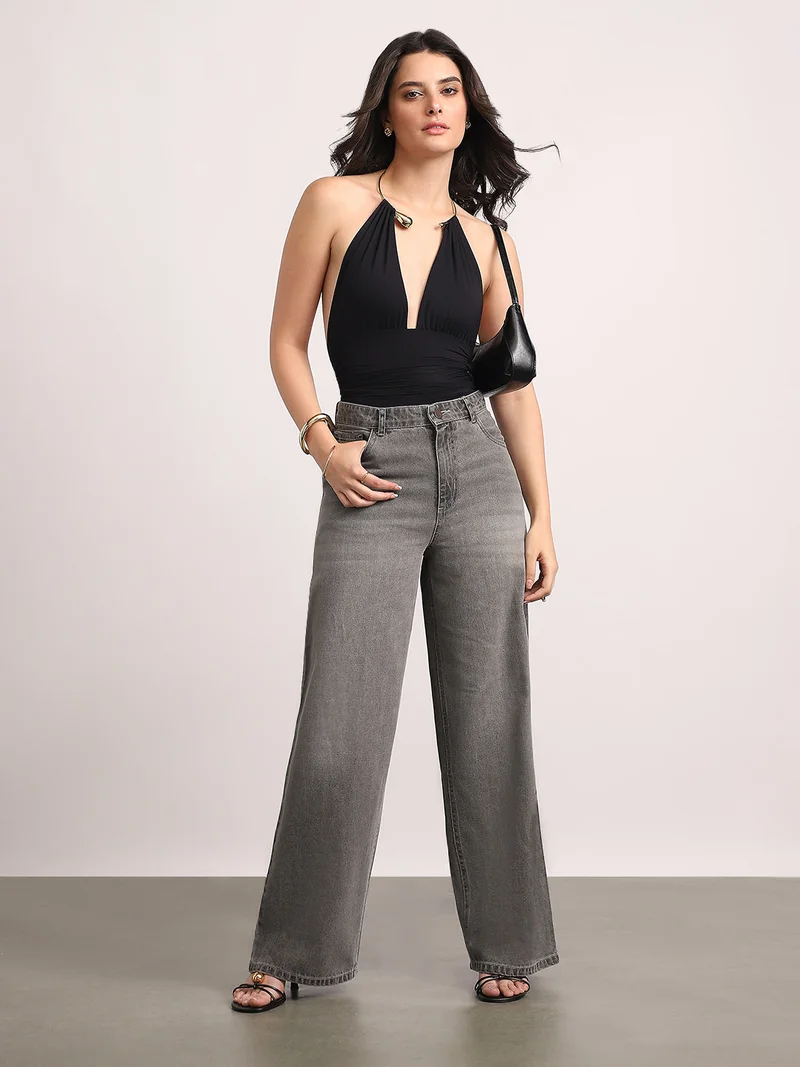 Urbano Fashion  Urbano Fashion Women's Light Grey High Rise Loose Baggy Fit Washed Jeans Non-Stretchable  | Best Price UAE