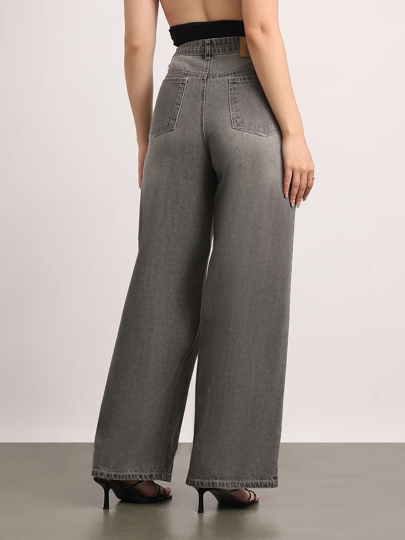 Urbano Fashion  Urbano Fashion Women's Light Grey High Rise Loose Baggy Fit Washed Jeans Non-Stretchable  | Best Price UAE