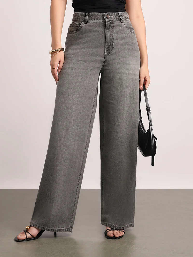 Urbano Fashion Women's Light Grey High Rise Loose Baggy Fit Washed Jeans Non-Stretchable