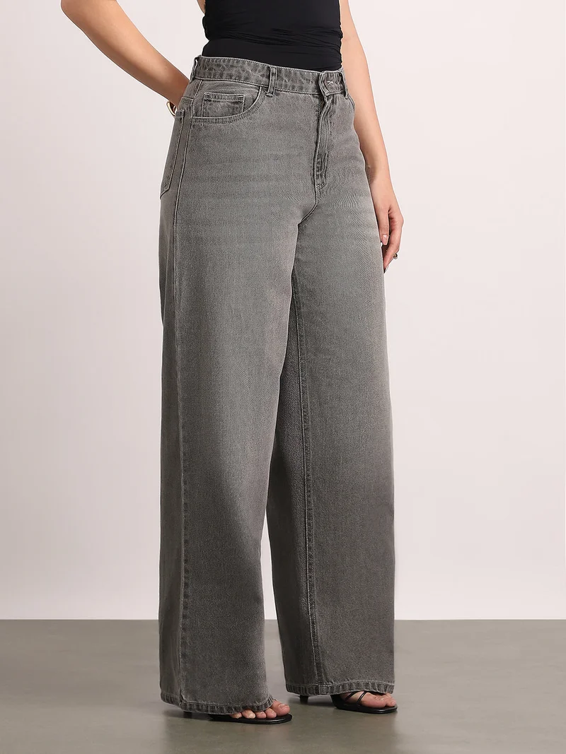 Urbano Fashion  Urbano Fashion Women's Light Grey High Rise Loose Baggy Fit Washed Jeans Non-Stretchable  | Best Price UAE
