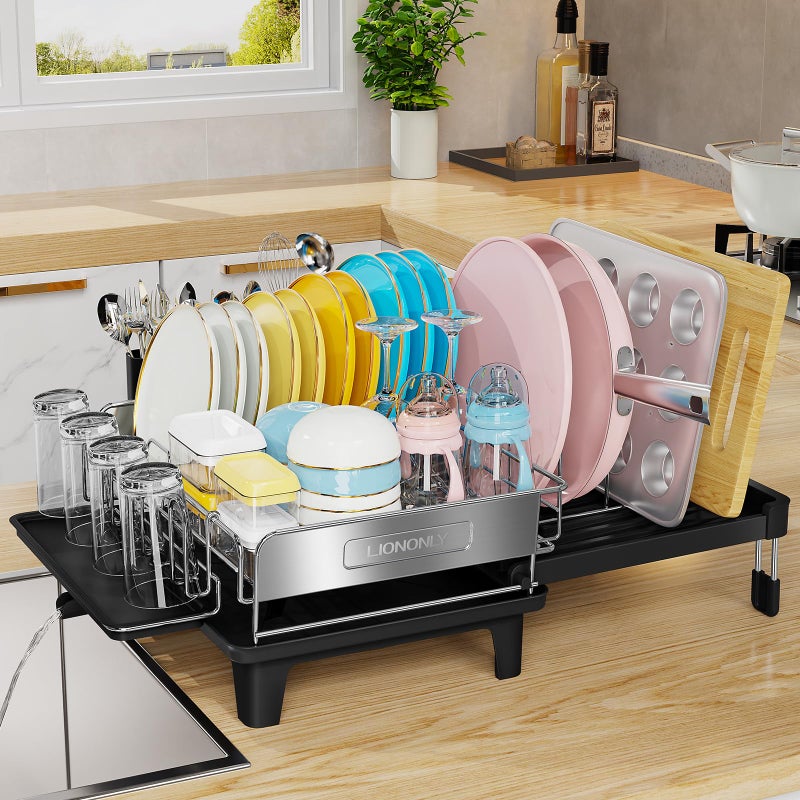 LIONONLY Expandable Dish Drying Rack, Dish Racks for Kitchen Counter, Stainless Steel 304, Flip-Top Retractable Plate, Multi-Directional Adjustable Dish Rack, Space Saving Large Drying Rack Kitchen, Black - Image 1