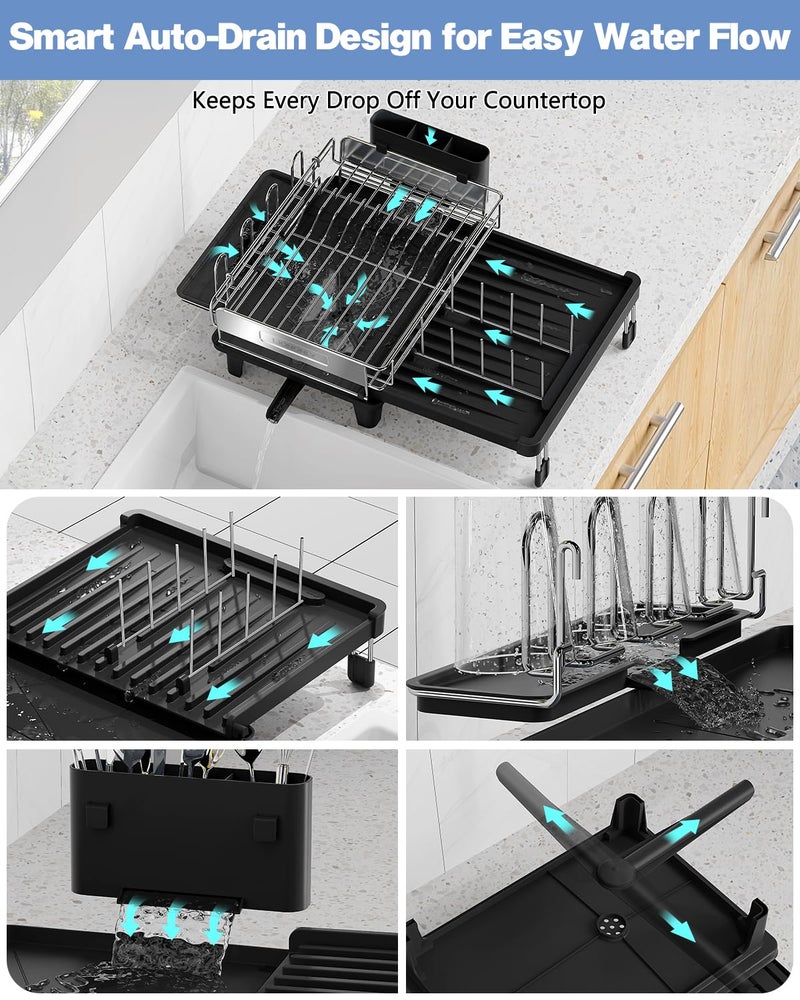 LIONONLY Expandable Dish Drying Rack, Dish Racks for Kitchen Counter, Stainless Steel 304, Flip-Top Retractable Plate, Multi-Directional Adjustable Dish Rack, Space Saving Large Drying Rack Kitchen, Black - Image 3