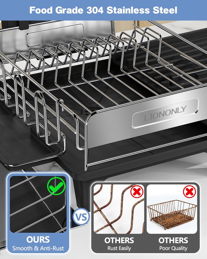 LIONONLY Expandable Dish Drying Rack, Dish Racks for Kitchen Counter, Stainless Steel 304, Flip-Top Retractable Plate, Multi-Directional Adjustable Dish Rack, Space Saving Large Drying Rack Kitchen, Black - Image 5