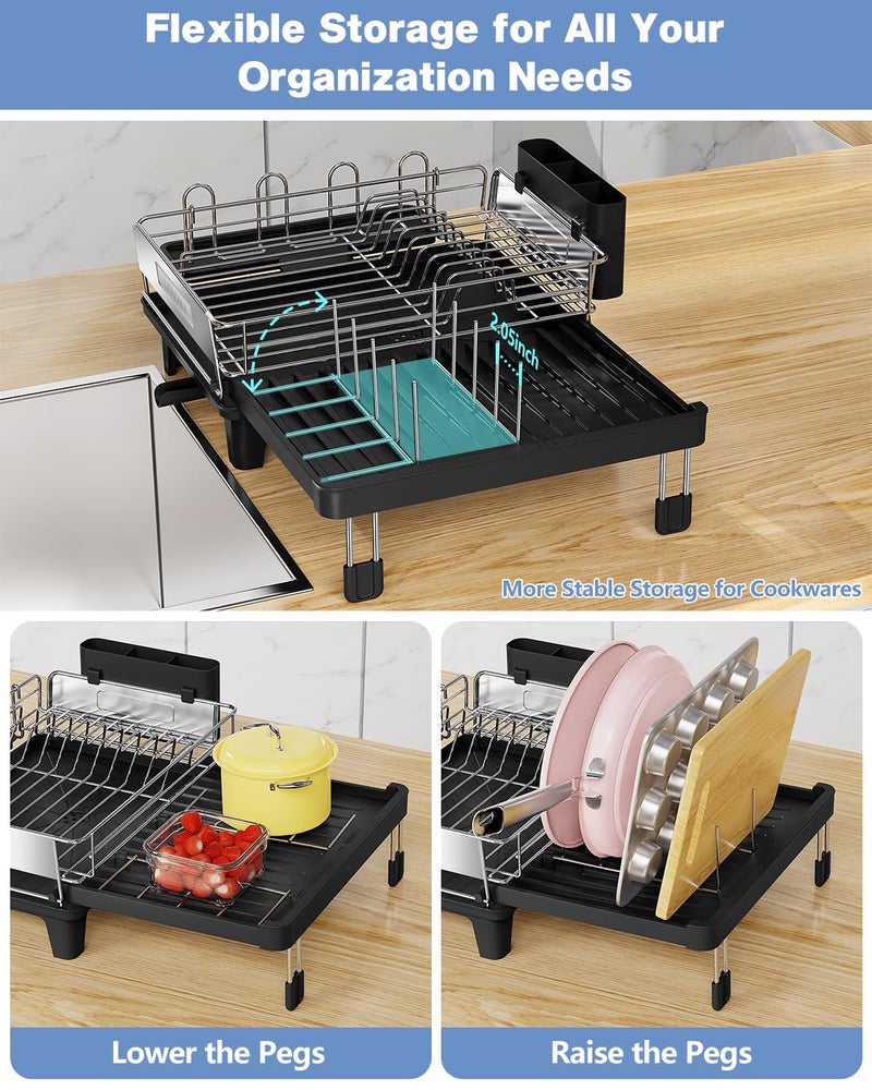 LIONONLY Expandable Dish Drying Rack, Dish Racks for Kitchen Counter, Stainless Steel 304, Flip-Top Retractable Plate, Multi-Directional Adjustable Dish Rack, Space Saving Large Drying Rack Kitchen, Black - Image 4