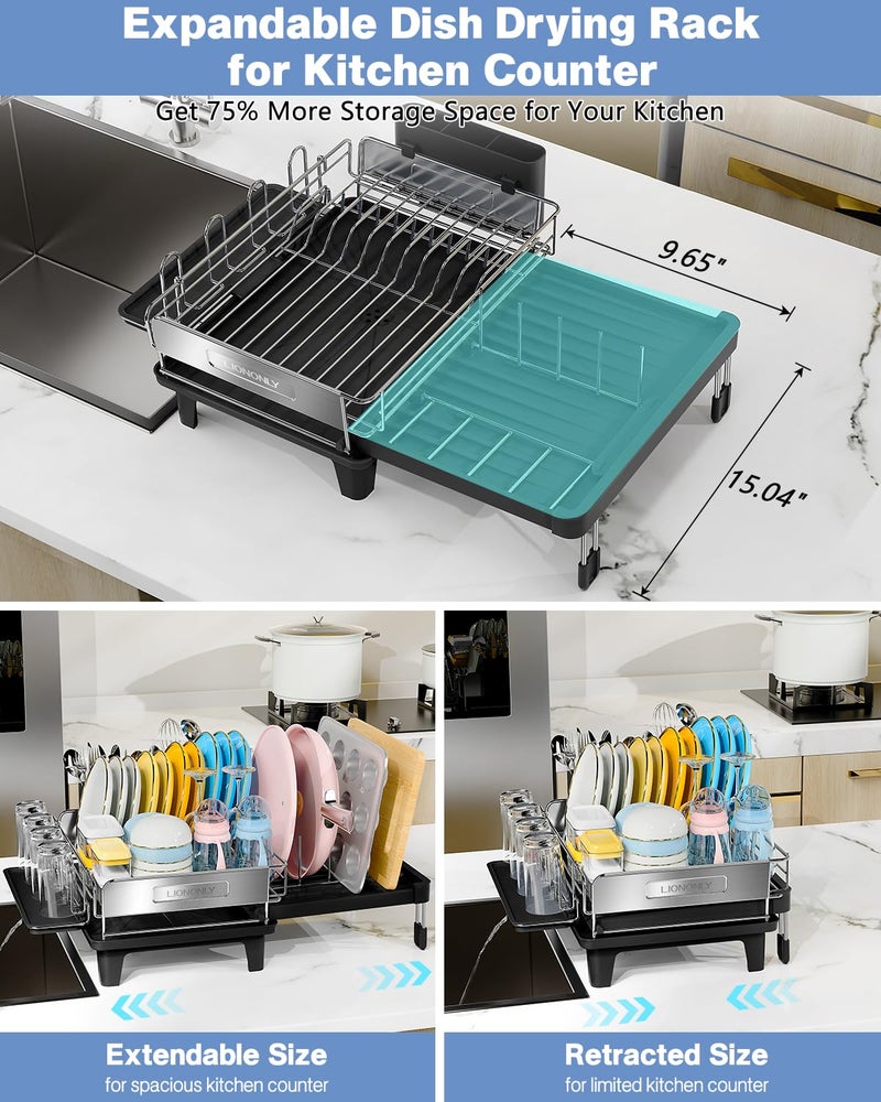 LIONONLY Expandable Dish Drying Rack, Dish Racks for Kitchen Counter, Stainless Steel 304, Flip-Top Retractable Plate, Multi-Directional Adjustable Dish Rack, Space Saving Large Drying Rack Kitchen, Black - Image 2