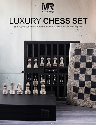 MARBLE RANGE Marble Chess Set for Adults 12 Handmade Oceanic Black Board Game with 32 Chess Pieces 2 Extra Queens Storage Box Luxury Travel Game Elegant for Home Decor - Image 5