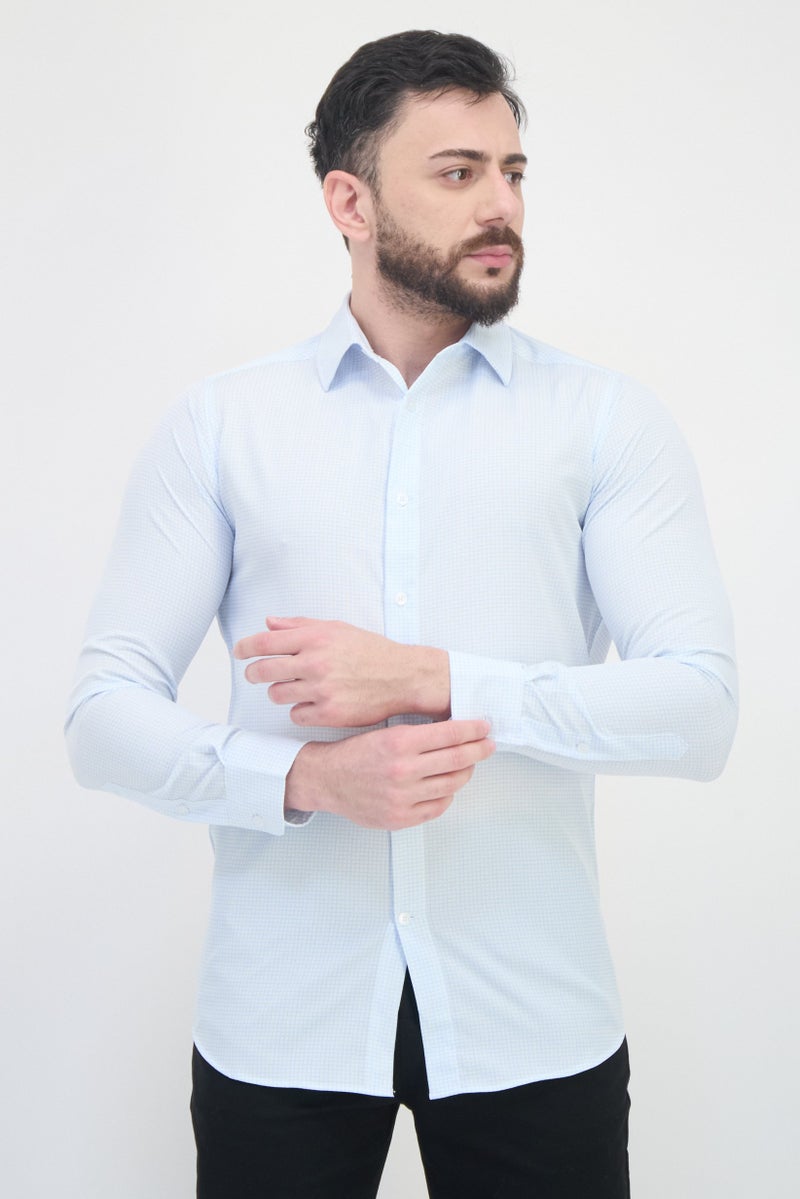 Scotch & Soda Men Modern Fit Micro Check Long Sleeve Dress Shirt, Light Blue - Image 1