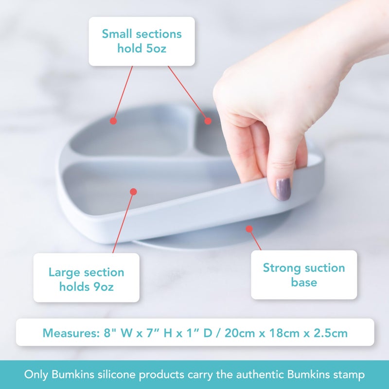 Bumkins Toddler and Baby Suction Plate, Divided Grip Dish for Babies and Kids, Baby Led Weaning, Feeding Supplies, Sticks to Tables and Highchairs, Platinum Silicone, for Chidren 6 Months, Gray - Image 5