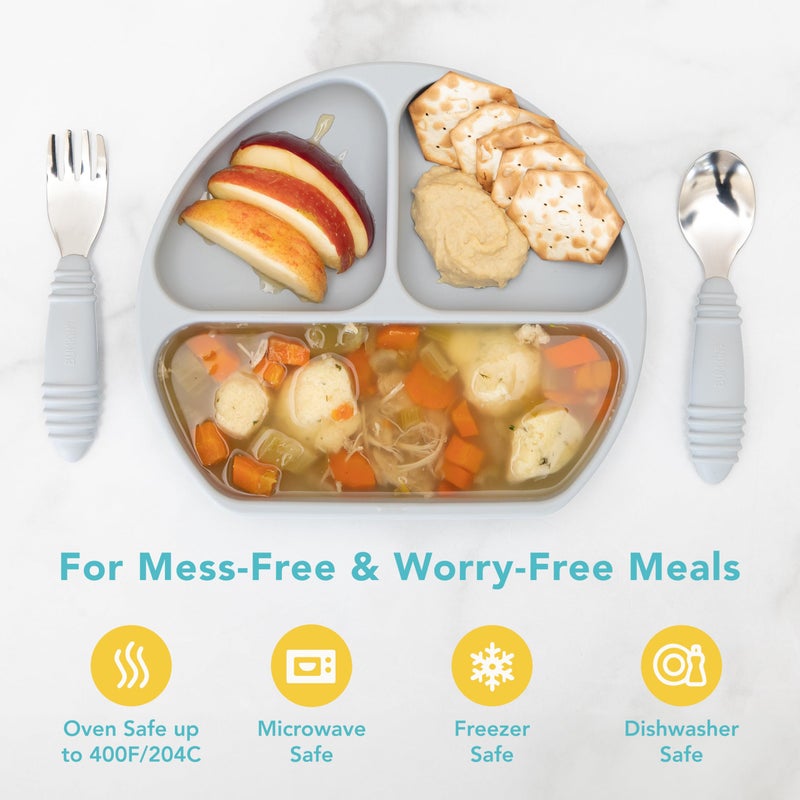 Bumkins Toddler and Baby Suction Plate, Divided Grip Dish for Babies and Kids, Baby Led Weaning, Feeding Supplies, Sticks to Tables and Highchairs, Platinum Silicone, for Chidren 6 Months, Gray - Image 4