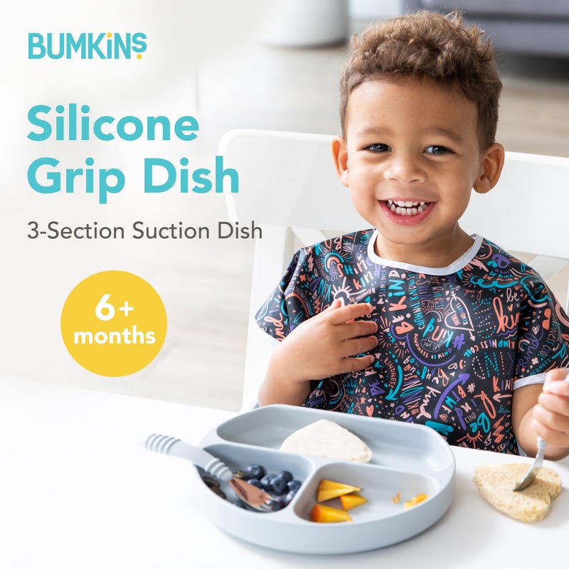 Bumkins Toddler and Baby Suction Plate, Divided Grip Dish for Babies and Kids, Baby Led Weaning, Feeding Supplies, Sticks to Tables and Highchairs, Platinum Silicone, for Chidren 6 Months, Gray - Image 2