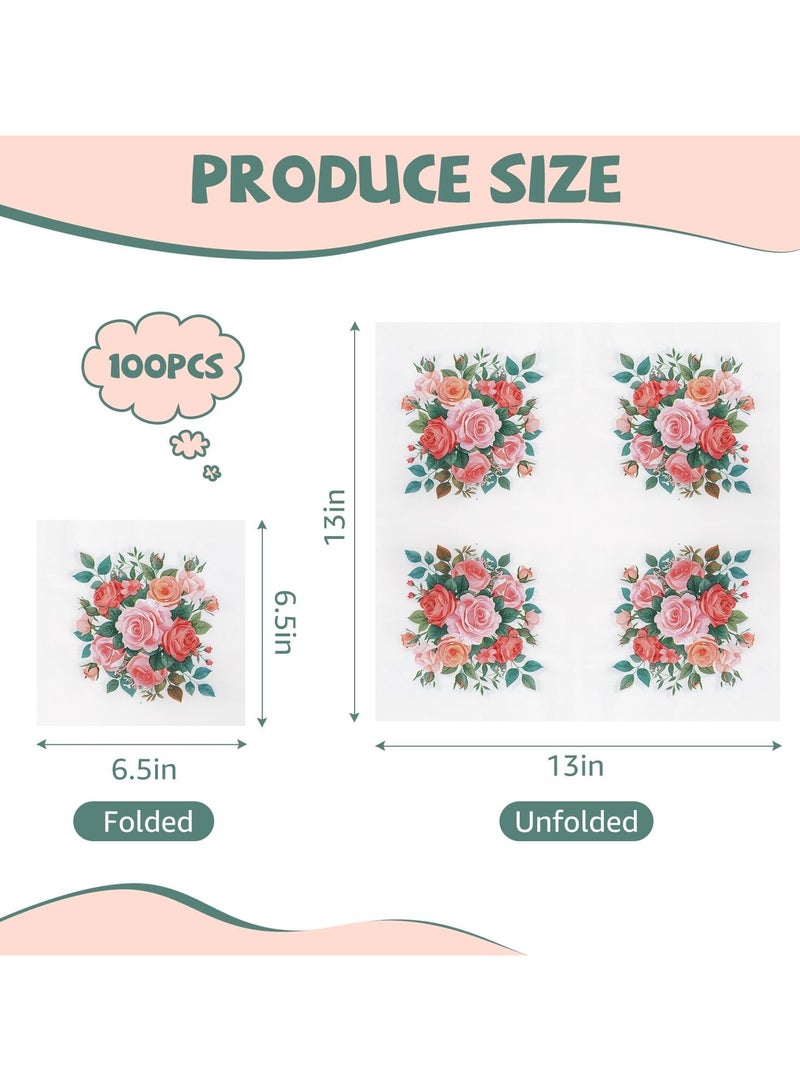 100 منديل ورقي مزخرف بنقشة زهور، من طبقتين للاستخدام مرة واحدة على شكل زهور مائية وردية، منديل يد لحفلات الغداء، مقاس 13 × 13 بوصة، مناسب للفن، والعشاء، وحفلات الزفاف، وحفلات أعياد الميلاد - Image 2