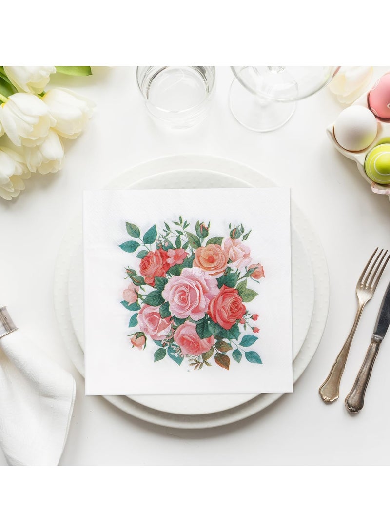 100 منديل ورقي مزخرف بنقشة زهور، من طبقتين للاستخدام مرة واحدة على شكل زهور مائية وردية، منديل يد لحفلات الغداء، مقاس 13 × 13 بوصة، مناسب للفن، والعشاء، وحفلات الزفاف، وحفلات أعياد الميلاد - Image 4