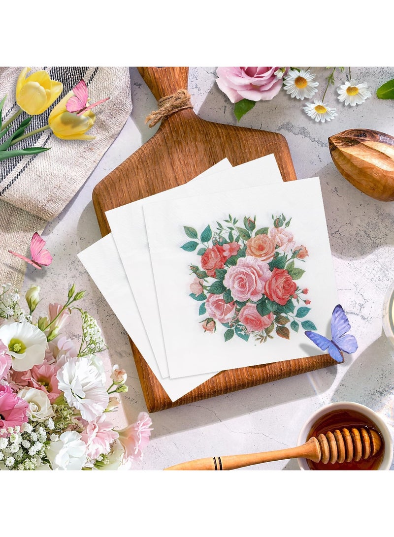 100 منديل ورقي مزخرف بنقشة زهور، من طبقتين للاستخدام مرة واحدة على شكل زهور مائية وردية، منديل يد لحفلات الغداء، مقاس 13 × 13 بوصة، مناسب للفن، والعشاء، وحفلات الزفاف، وحفلات أعياد الميلاد - Image 3