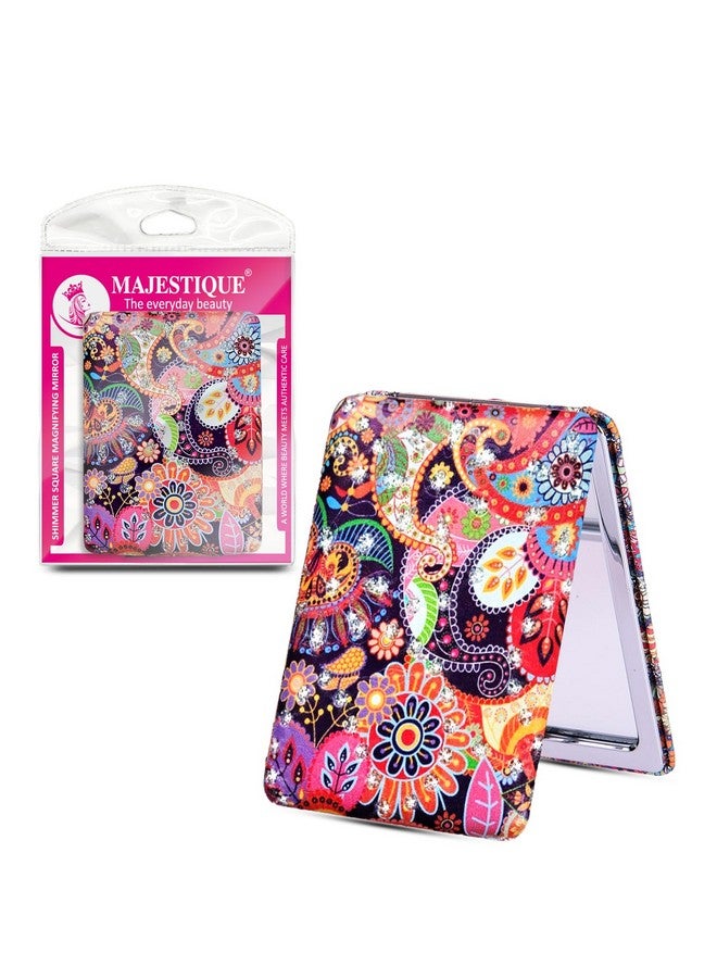 MAJESTIQUE Shimmer Square Magnifying Mirror | Compact Double-Sided 1X/2X Mirror for Makeup | Portable Folding Mirror for Women | Pocket Mirror Ideal for Purse - 1Pc/Multicolour - Image 1