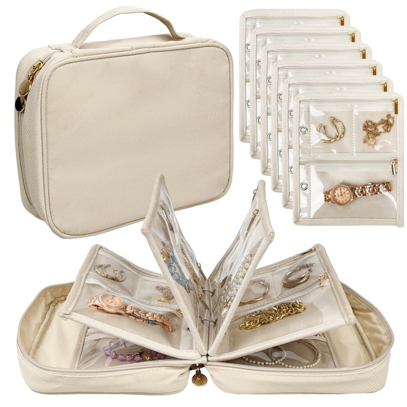 LingLingo Travel Jewelry Organizer Case,Jewelry Bags Jewelry Storage Book Binder with Clear Zipper Velvet Pouch for Traveling,Earrings, Rings, Necklace, Bracelet (White) - Image 1
