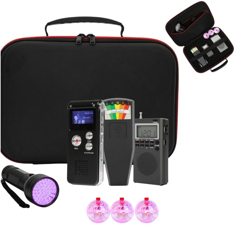 Besilo 8 Pcs Ghost Hunting Kit with 1 EMF Meter,1 EVP Recorder,1 Spirit Box,1 UV Light,3 LED Light up Cat Balls & 1 Carrying Case - Image 1