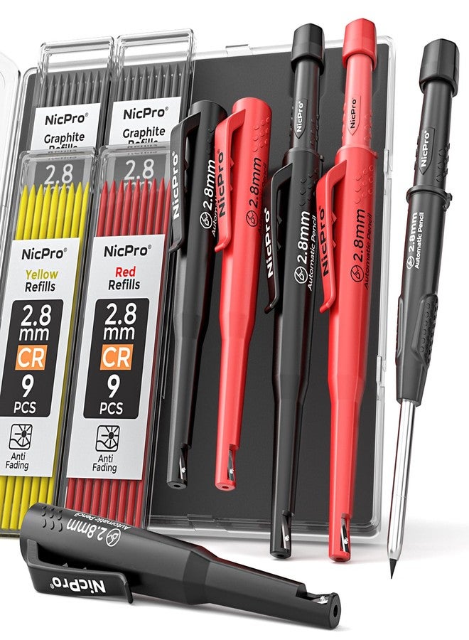 Nicpro CP3000 Carpenter Pencil with Sharpener, 2 Pack Mechanical Pencils Set with 38 Refills, Deep Hole Marker for Construction, Heavy Duty Carpenter Tools for Architect Marking (Black, Red) - Image 1