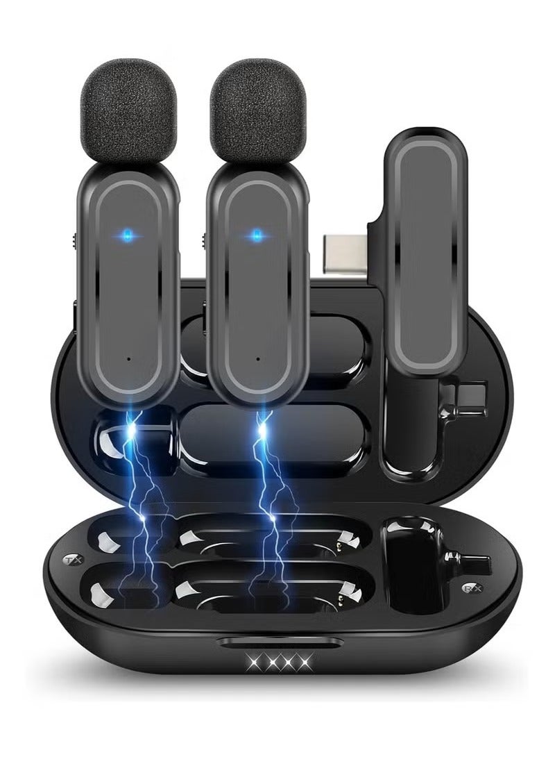 Wireless Lavalier Microphone for iPhone 15 | iPhone 16 | Android phones | Laptop and other USB C Devices | Plug and Play Mini Mic with Charging Bin Earbud for YouTube TikTok Live Streaming Gaming (2 Type C Mics)