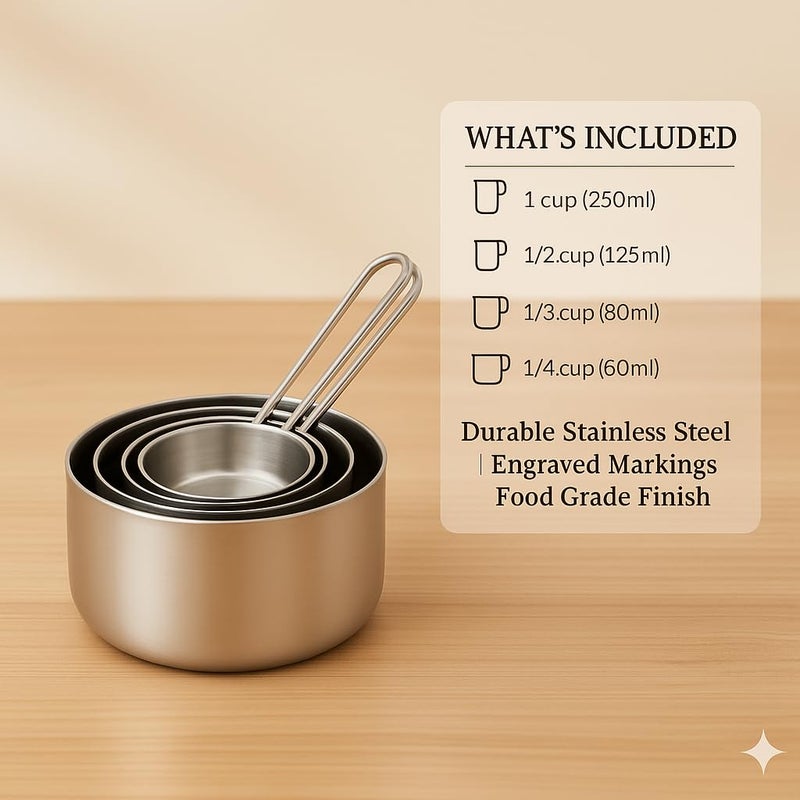 Human Hydro Stainless Steel Measuring Cups Set – 4 Pieces | 60 ml, 80 ml, 125 ml, 250 ml | Durable, Rust-Free & Dishwasher Safe for Baking & Cooking - Image 2