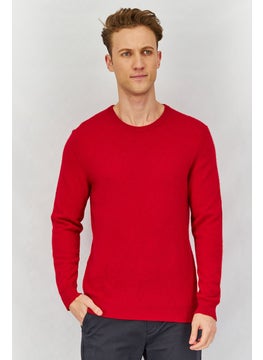 Men Crew Neck Textured Long Sleeve Sweater, Red