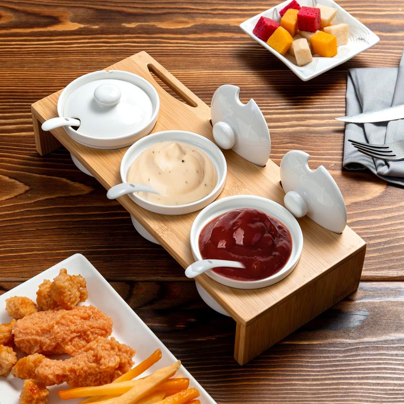 MyGift مجموعة تقديم أواني التوابل المكونة من 10 قطع من MyGift تشمل صينية عرض مرتفعة من الخيزران الصلب و 3 أواني سيراميك مع أغطية وملاعق - Image 3