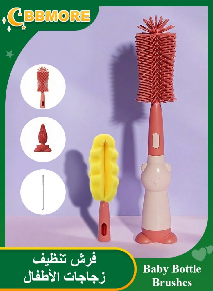 بي بي مور فرشاة سيليكون لتنظيف زجاجات الأطفال 4 في 1 مع رأس إسفنجي قابل للاستبدال وحامل – طقم فرش تنظيف الزجاجات ومصاصات الرضاعة والشفاطات، خالٍ من BPA، لون أحمر - Image 1