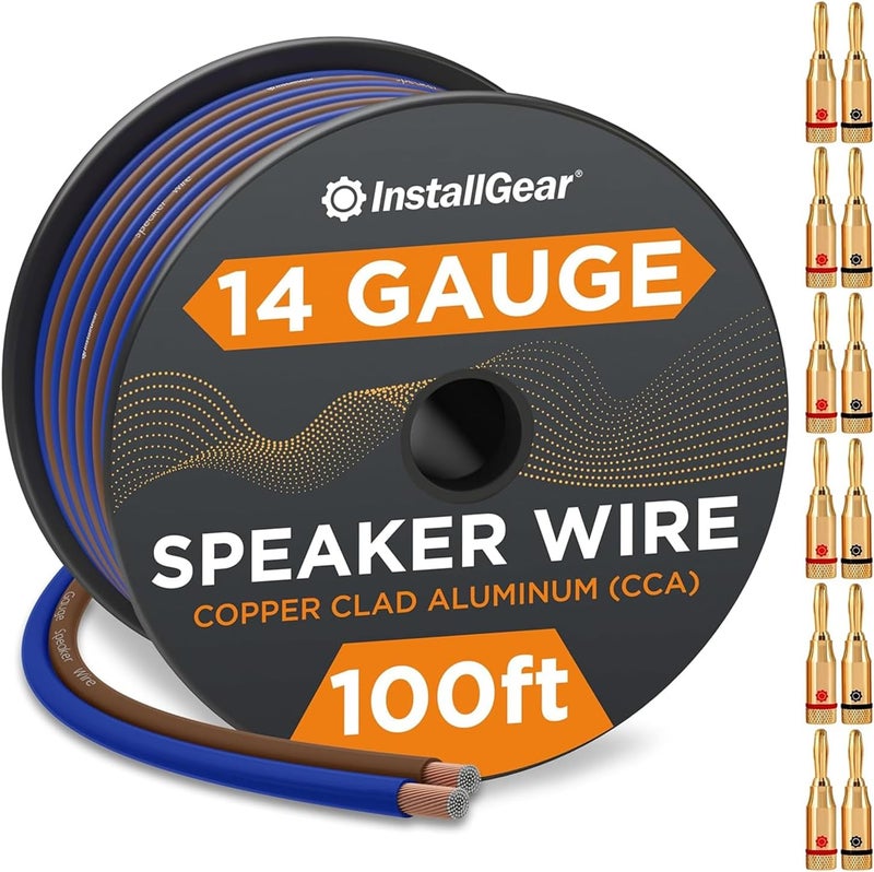 InstallGear 14 Gauge Speaker Wire Cable (100 Feet) With 12 Banana Plugs - 14 AWG for Car Audio, Home Theater, and Stereo Systems - Image 1
