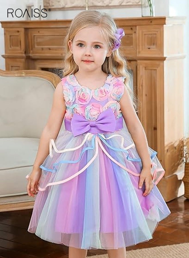 roaiss Girls Tulle Dresses, Elegant Stylish Formal Dress with Back Zipper, Sleeveless A-line Dress with Bowknot and Floral Decoration,  Fancy Princess Dress for Girls, Suitable for Performance, Birthday Party or Any Formal Occasion - Image 1
