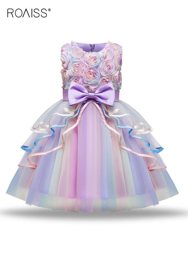 roaiss Girls Tulle Dresses, Elegant Stylish Formal Dress with Back Zipper, Sleeveless A-line Dress with Bowknot and Floral Decoration,  Fancy Princess Dress for Girls, Suitable for Performance, Birthday Party or Any Formal Occasion - Image 2