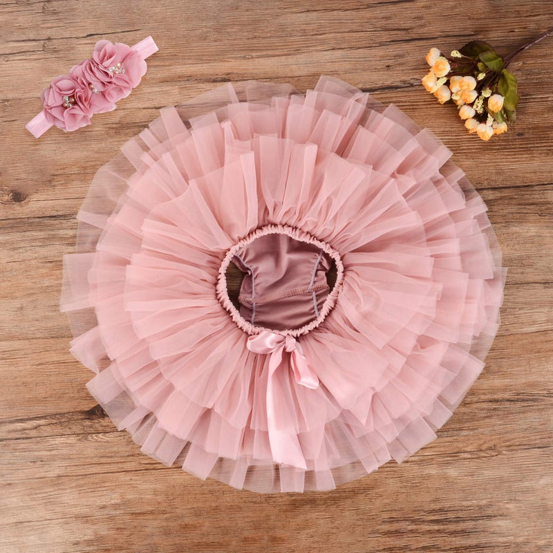 elamccor Baby Girls Tutu Skirt Headband Set Toddler Ruffle Tulle Diaper Covers 6-24 Month Bean Sand - Image 4