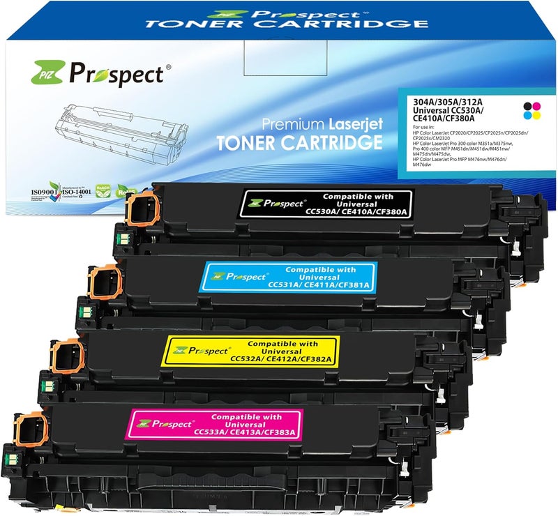 بروسبكت مجموعة خراطيش متوافقة من بروسبكت ��ونر 304A 305A 312A CC530A CC531A CC532A CC533A مع طابعة HP Color LaserJet Pro MFP M476nw M476dn M476dw Pro 400 Color (أسود وسماوي وأصفر وأرجواني - 4 قطع) - Image 1