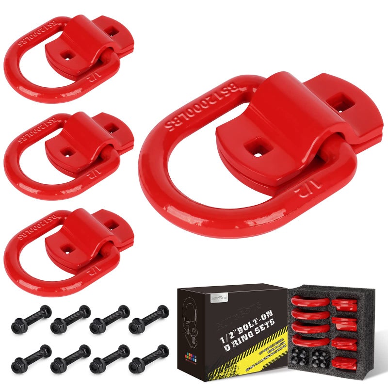 AUTOBOTS 12 Heavy Duty BoltOn Forged D Ring 12000Lbs Break Strength Tie Down Anchors Hooks for Trailers Trucks and Cargo Tie Downs Pack of 4 Red