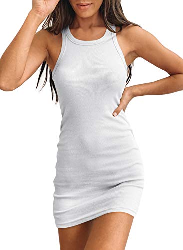 Samefar Womens Summer Ribbed Scoop Neck Sleeveless Tank Dresses Basic Solid Bodycon Mini Dress White XS - Image 1