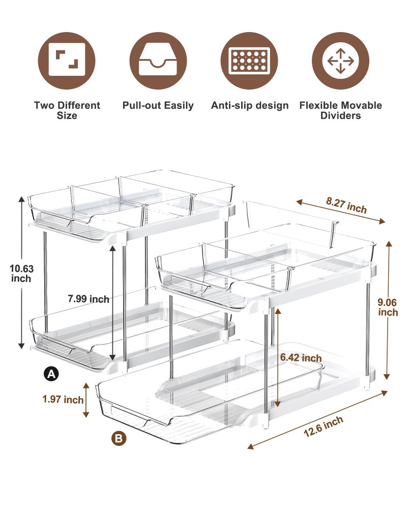 Delamu 2 Sets of 2-Tier Multi-Purpose Bathroom Under Sink Organizers and Storage, Stackable Kitchen Pantry Organization, Pull Out Medicine Cabinet Organizer with 8 Movable Dividers - Image 5