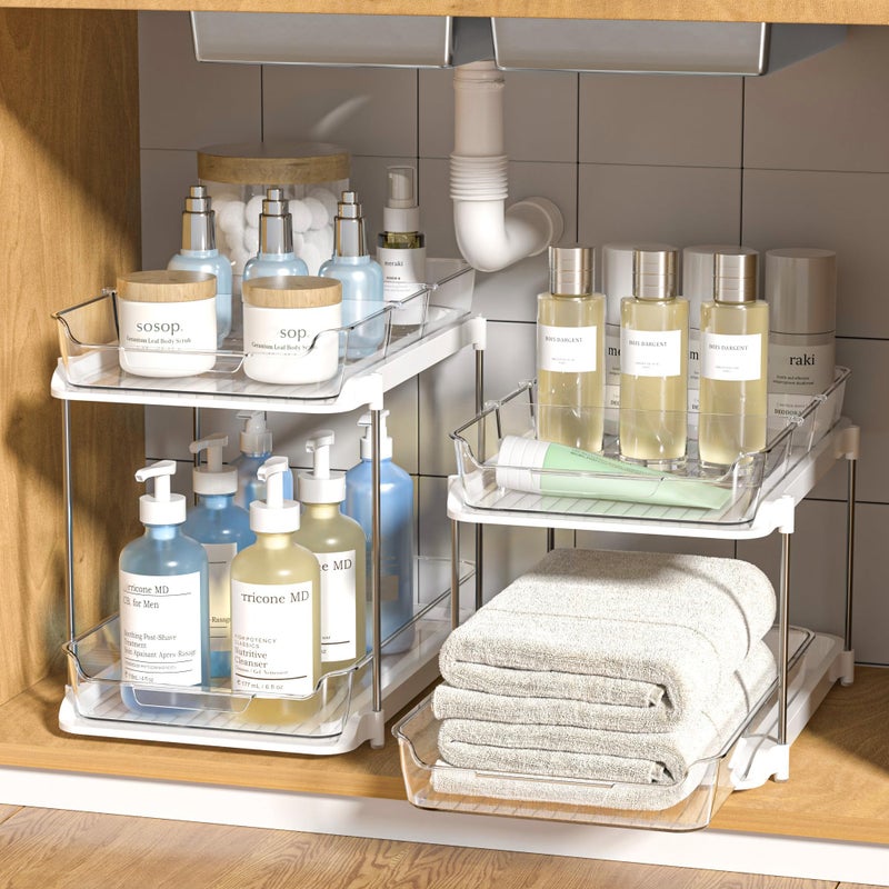 Delamu 2 Sets of 2-Tier Multi-Purpose Bathroom Under Sink Organizers and Storage, Stackable Kitchen Pantry Organization, Pull Out Medicine Cabinet Organizer with 8 Movable Dividers - Image 1