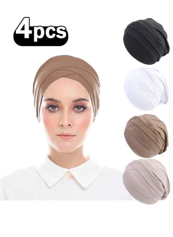 4 Pieces Turbans for Women Soft Turban Head Wrap Pleated Beanie Cap  - Image 1
