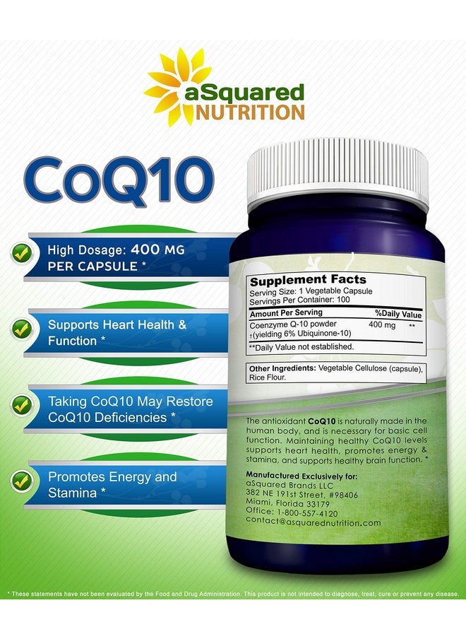 aSquared Nutrition - Coq10 (400Mg Max Strength 100 Veggie Capsules) High Absorption Coenzyme Q10 Powder Ubiquinone Supplement Pills Extra Antioxidant Co Q10 Enzyme Vitamin Tablets Coq 10 400 Mg - Image 1