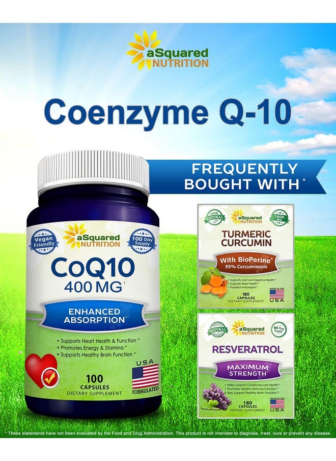 aSquared Nutrition - Coq10 (400Mg Max Strength 100 Veggie Capsules) High Absorption Coenzyme Q10 Powder Ubiquinone Supplement Pills Extra Antioxidant Co Q10 Enzyme Vitamin Tablets Coq 10 400 Mg - Image 1