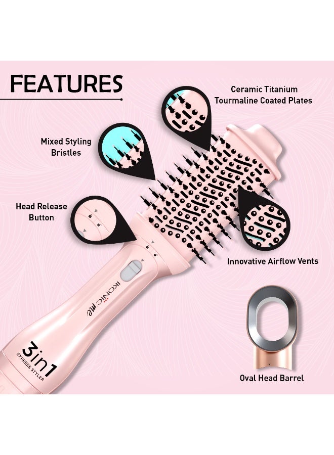 Ikonic 3-in-1 Express Styler, Pink , 1200W Hot Air Brush & Volumizer Blow Dryer for Women, Ceramic Titanium Tourmaline Coating, Innovative Airflow Vents, Mixed Styling Bristles,All Hair Type - Image 2