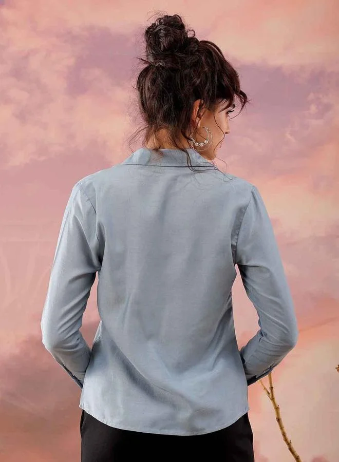 Freehand Freehand Women Blue Wrap Style Shirt with Buttons