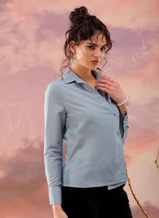 Freehand Freehand Women Blue Wrap Style Shirt with Buttons