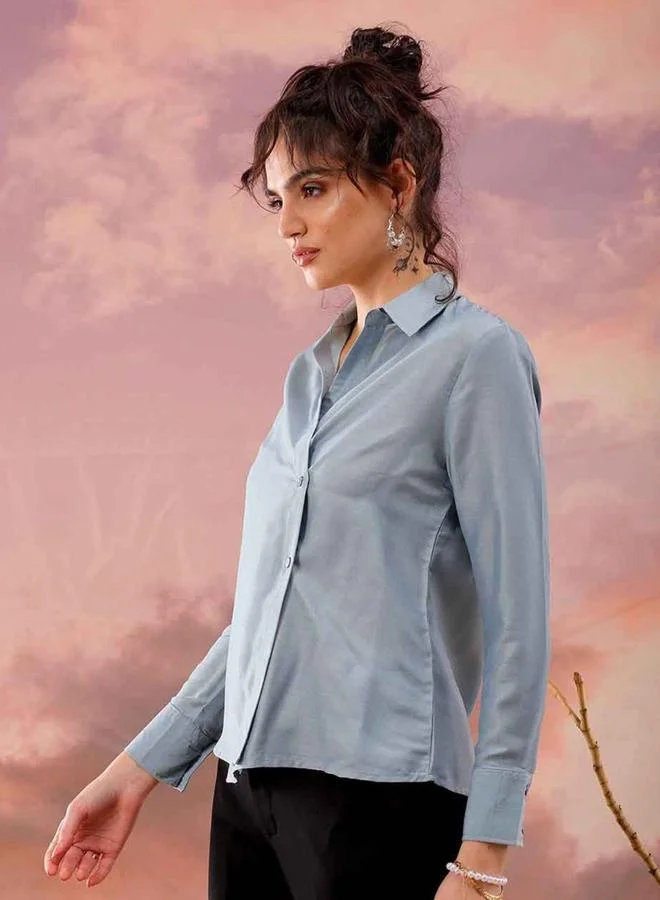 Freehand Freehand Women Blue Wrap Style Shirt with Buttons