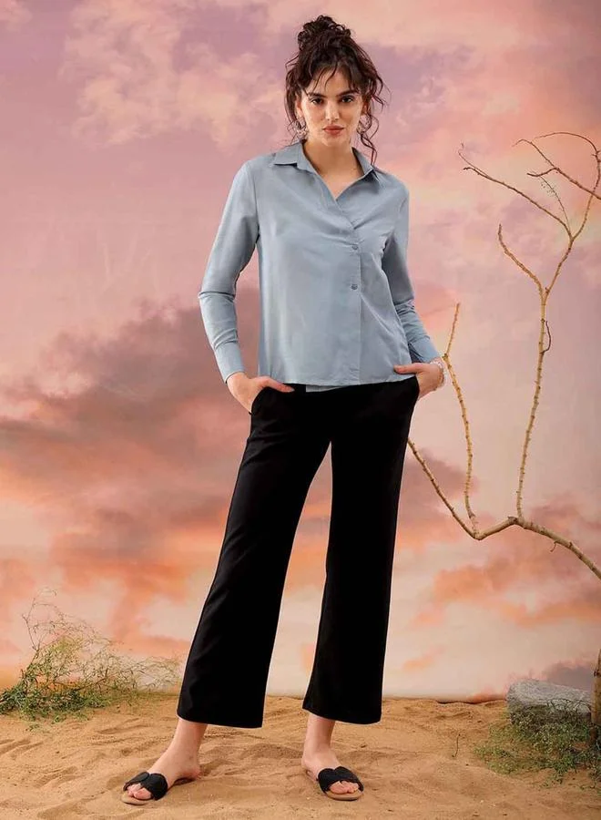 Freehand Freehand Women Blue Wrap Style Shirt with Buttons